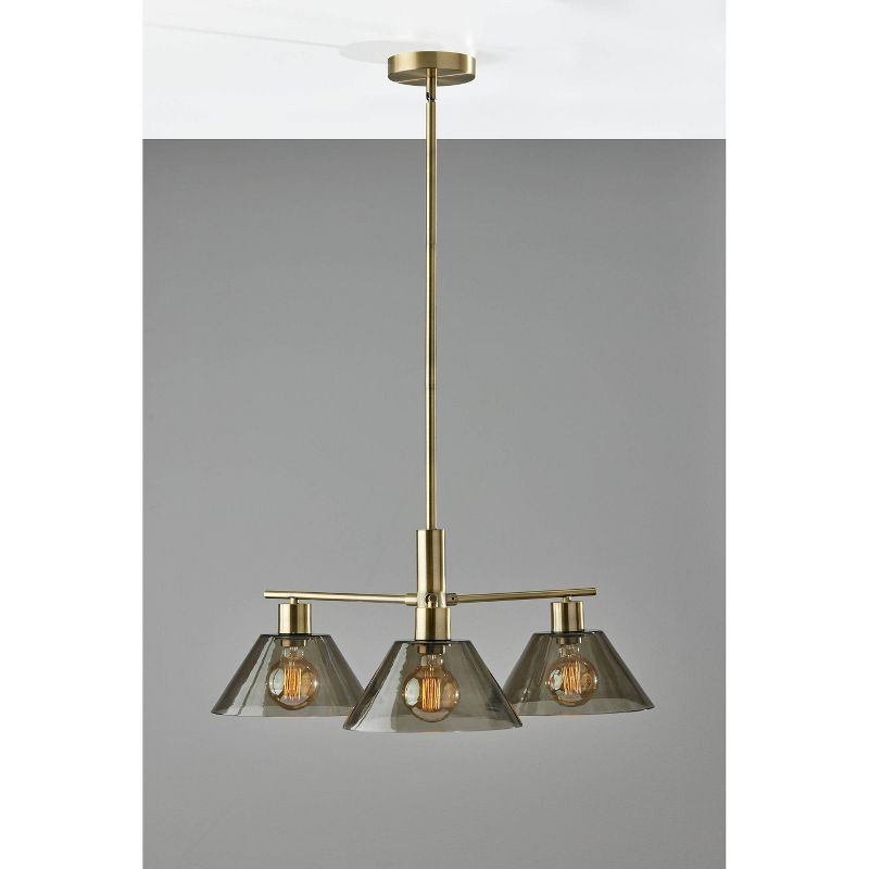 3-Light Zoe Chandelier Antique Brass - Adesso: Vintage Style, Adjustable Height, Smoked Glass Shades