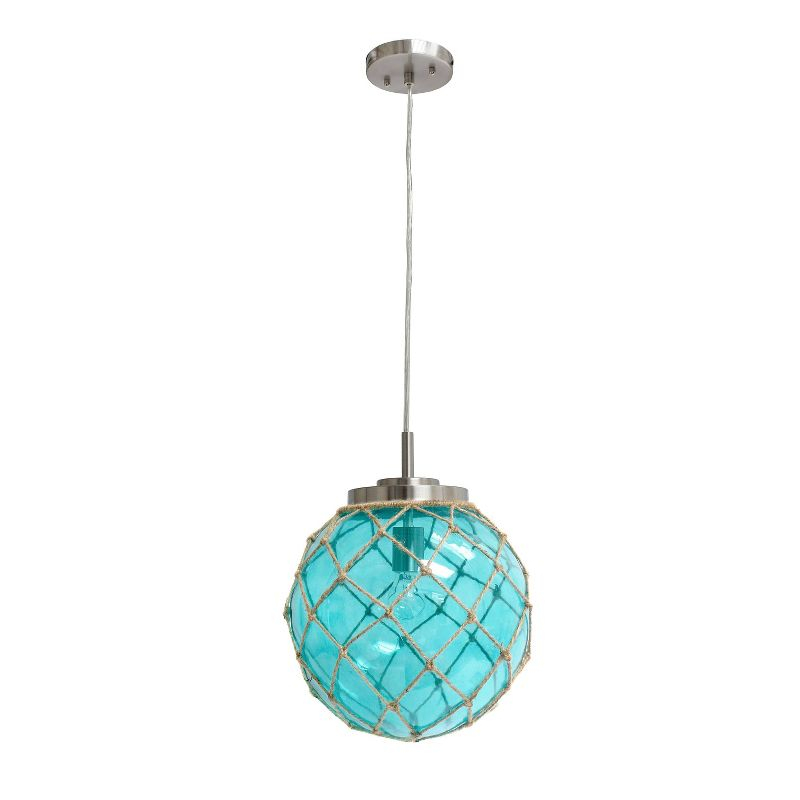 Buoy Netted Coastal Ocean Sea Glass Pendant with Natural Rope Aqua - Elegant Designs: Brushed Nickel Canopy, UL Listed