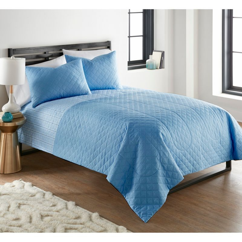 Shavel Home Products Seersucker 6-in-1 Quilt Set, King, Carlton Plaid Blue