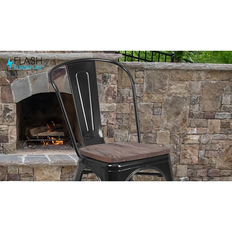 Flash Furniture Black-Antique Gold Metal Stackable Chair with Wood Seat
