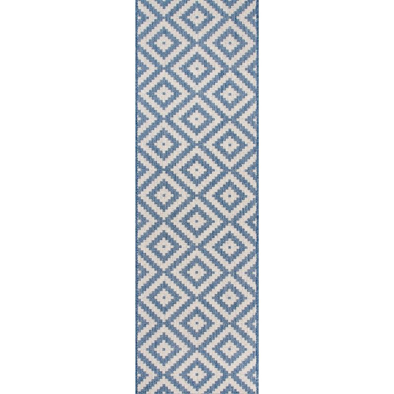 Nuloom Marybelle Geometric 2x8 Indoor/Outdoor Runner Rug for Living Room Patio Deck Front Porch Entryway Hallway Kitchen, Blue/Ivory