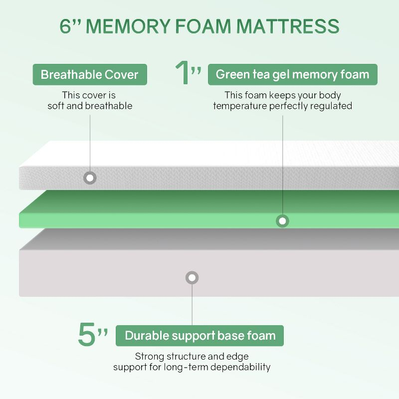 FDW 6 Inch Queen Green Tea Memory Foam Mattress Cooling Gel Infused Mattress/CertiPUR-US Certified/Bed-in-a-Box/Pressure Relieving Queen Size,White
