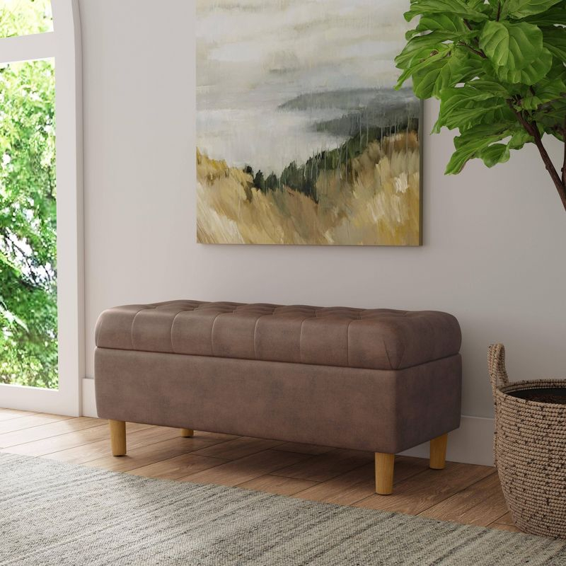 Button Tufted Storage Bench with Cone Wood Legs Faux Leather Brown - HomePop: Hinged Lid, Easy Access