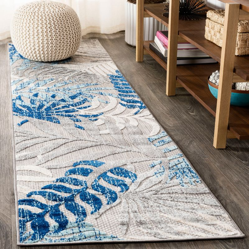 JONATHAN Y Tropics Palm Leaves Indoor/Outdoor Gray/Blue 2 ft. x 8 ft. Runner Rug