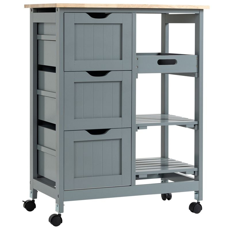 HOMCOM Rolling Kitchen Island Cart, Bar Serving Cart, Compact Trolley on Wheels with Wood Top, Shelves & Drawers for Home Dining Area, Gray