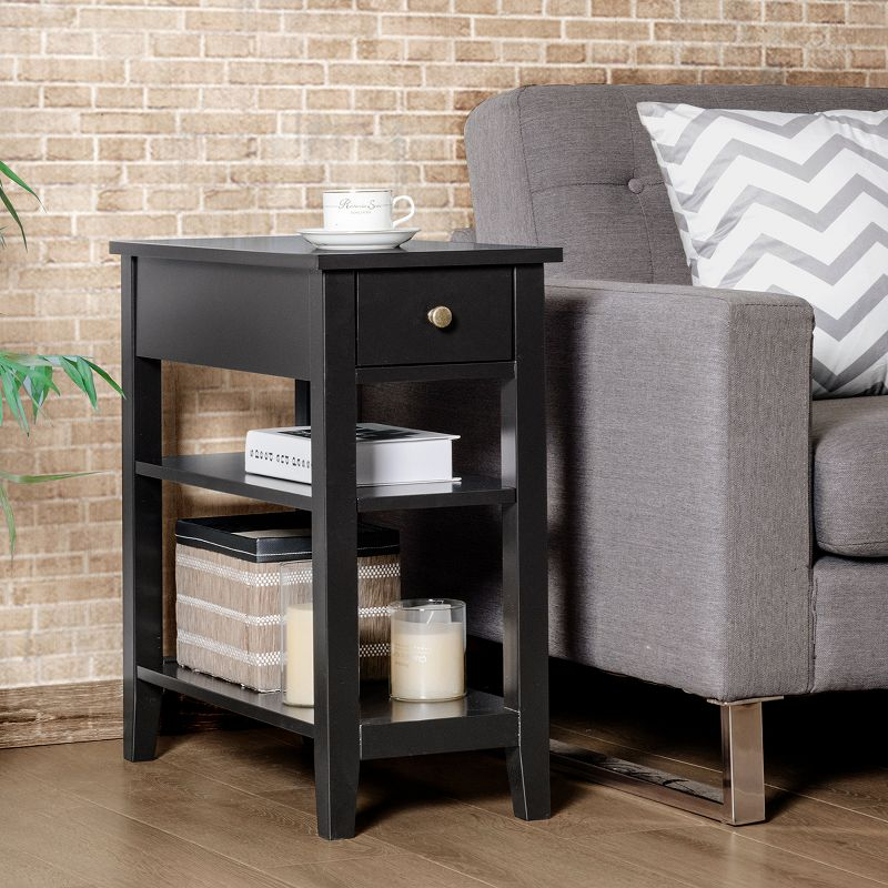 3Tier Nightstand Bedside Table Sofa Side End Table w/Double Shelves Drawer Black