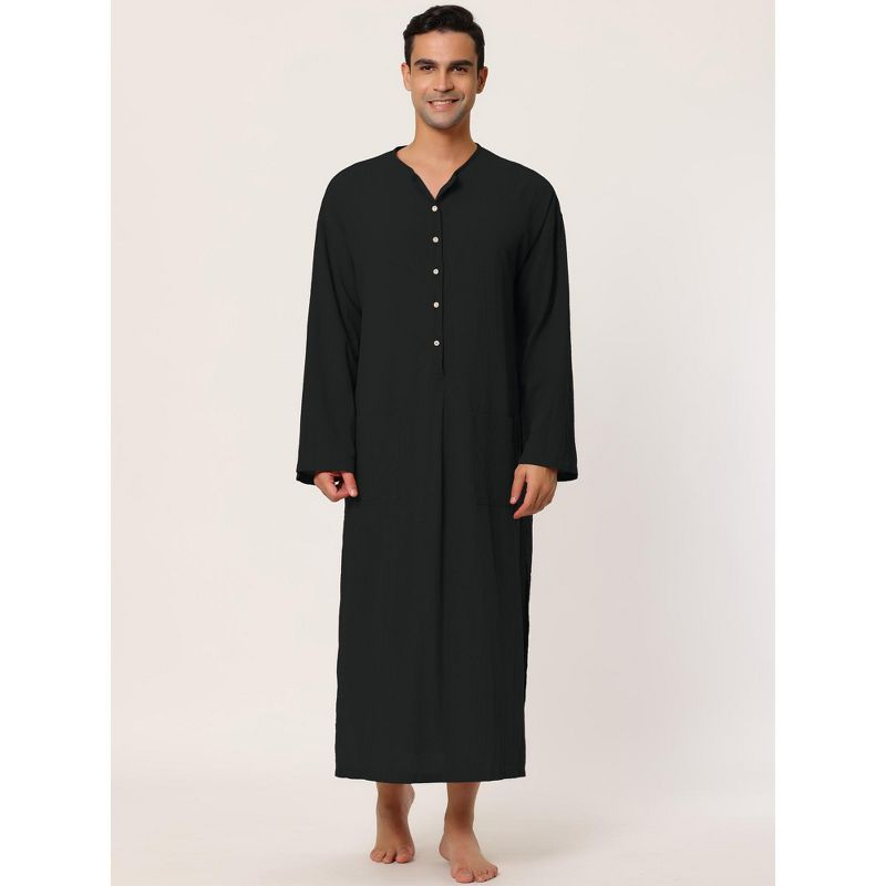 Lars Amadeus Men's Cotton Side Split Long Sleep Nightgown with Pockets Black Small