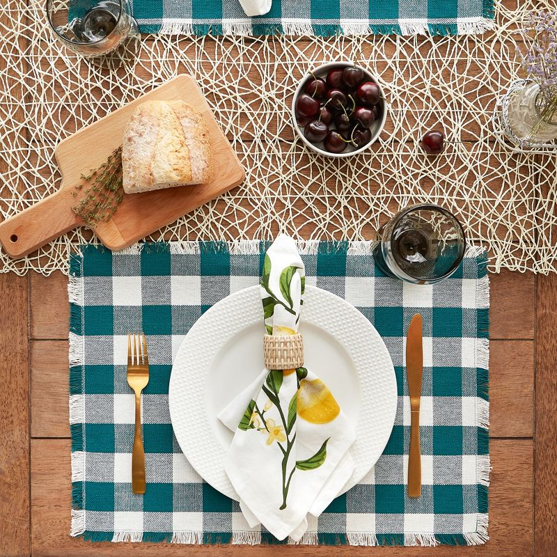Design Imports Teal Heavyweight Check Fringed Placemat Set/6