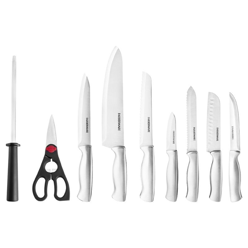 Farberware 15pc Stainless Steel Knife Block Set: Kitchen Knife Set with Block, Serrated Blades, Hand Wash, Silver