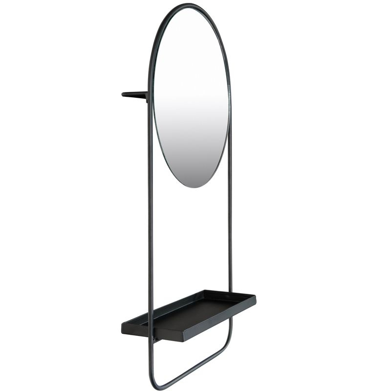 Storied Home Round Floating Metal Framed Wall Mirror with Shelf, Black