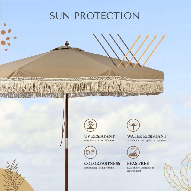 LAGarden BOHO 9' Fringe Patio Umbrella with Tassels UPF50+ Boho Style 5-Year-Non-Fading for Outdoor Yard Market Mocha Meander brown