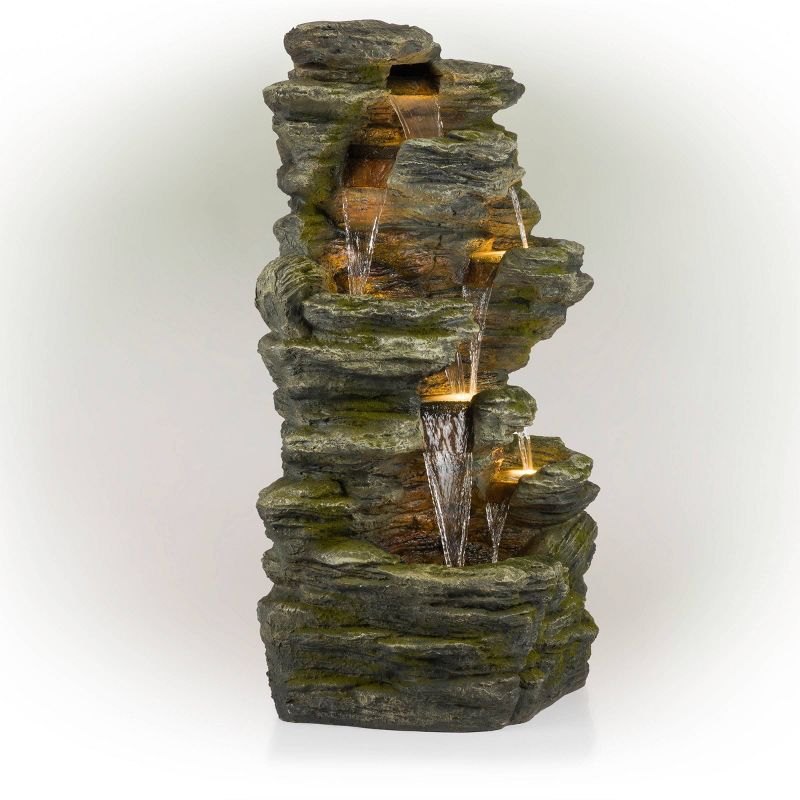 51" Resin Rock Cascading Fountain with LED Lights Gray - Alpine Corporation: Waterfall Feature, Birdbath