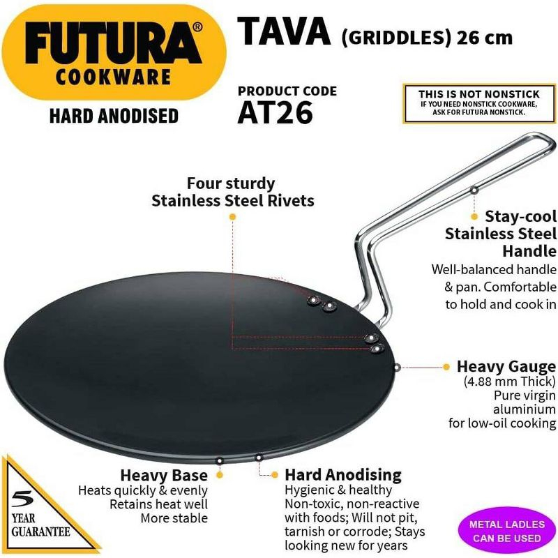 Hawkins Futura Hard Anodized Concave Tava Griddle with Steel Handle: Gas Compatible, Aluminum Surface, Hand Wash