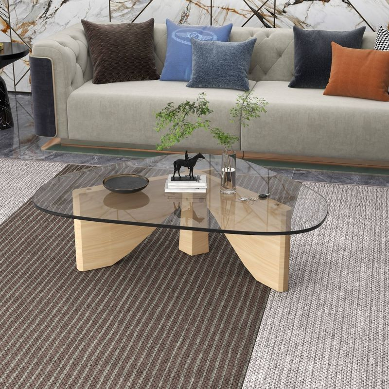 LeisureMod Imperial Collection Triangular Glass Top Coffee Table with Glossy Ash Wood Base for Home, Living Room, Office