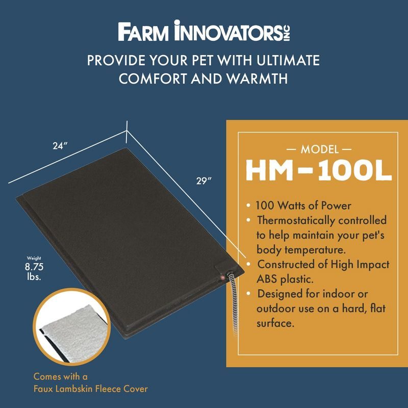 Farm Innovators HM-100L 24 x 29 In Plastic Heated Pet Mat with Fleece Cover and Heavy Duty Anti Chew Cord Protector for Dogs, Cats, and More, 100W