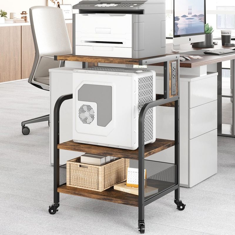 Garvee Printer Stand with Charging Station, 3 Tier Office Rolling Printer Stand with Wheels,End Table for Home Office, Fax Machines, Scanners, Brown