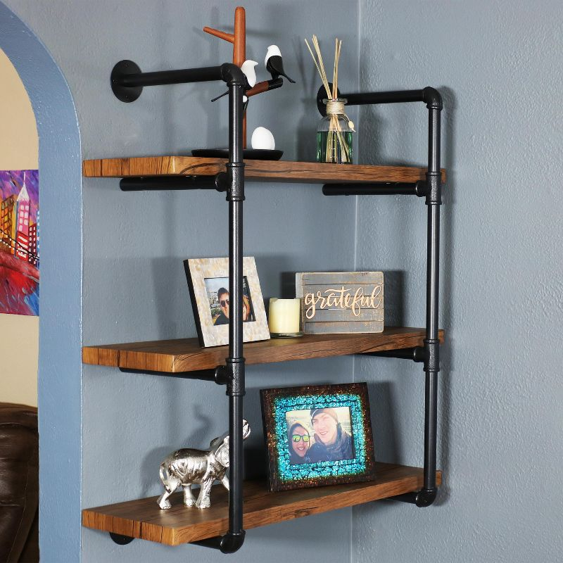 Sunnydaze 3 Shelf Industrial Style Pipe Frame Wall-Mounted Floating Shelf with Wood Veneer Shelves