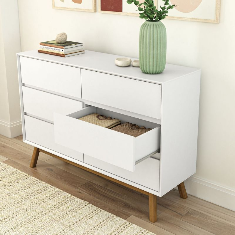 Plank+Beam Solid Wood Mid-Century Modern 6-Drawer Dresser, White/Pecan