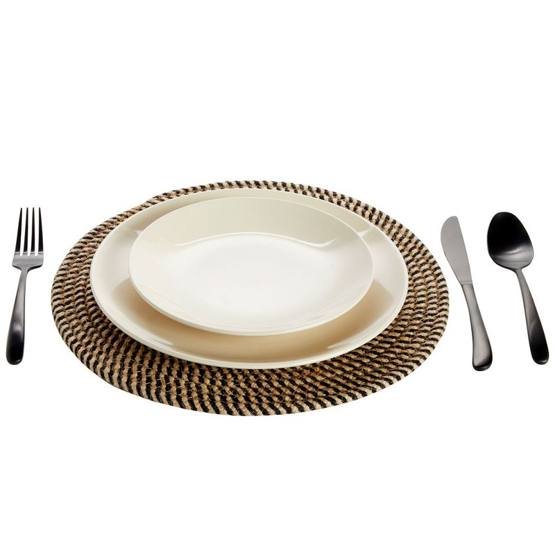 Farmlyn Creek Set of 4 Round Jute Placemats for Table, Woven Charger Mats for Plates (Blue and Tan Pattern, 13 in)