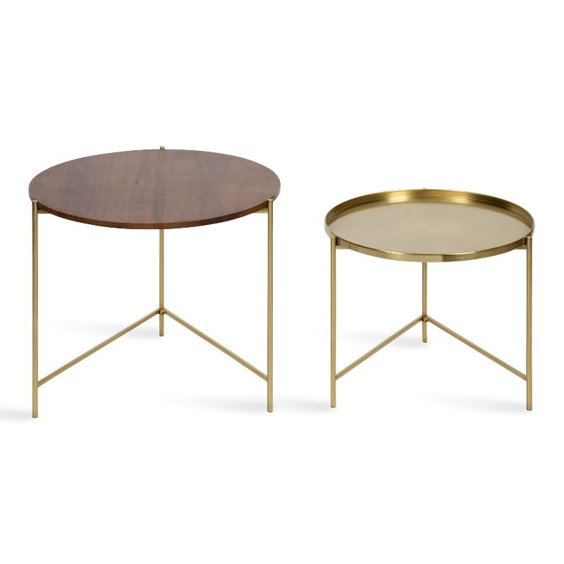 Kate and Laurel Ulani Round Wood Nesting Table, 2 Piece, Walnut Brown and Gold