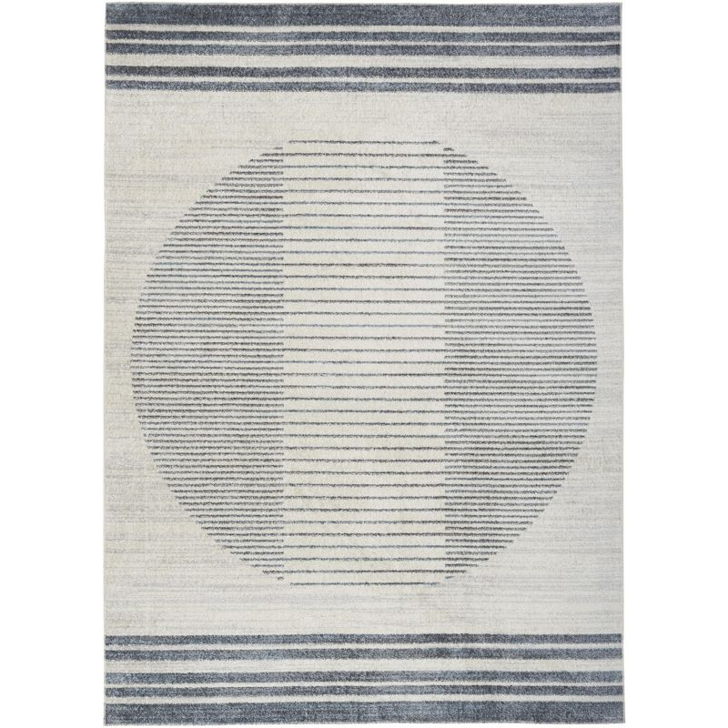 Nourison Astra Machine Washable Stripe Circle Mid-Century Modern Indoor Rug Ivory Blue 5'3" x 7'