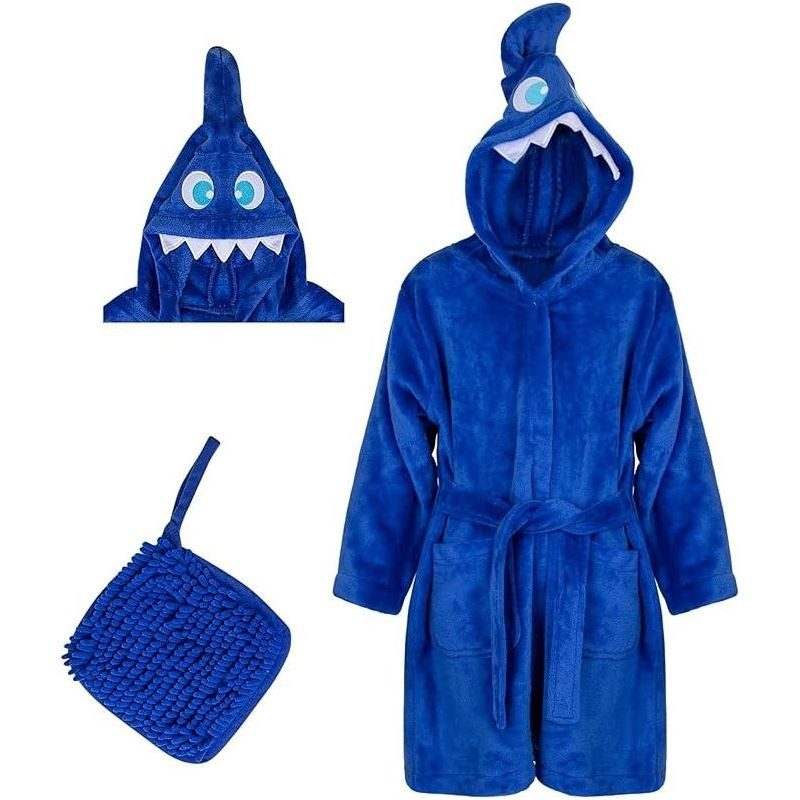 Rising Star Shark Girls & Boys Robe, Kids Soft Plush Hooded Bathrobe -Ages 3-5T