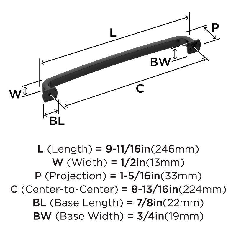 Amerock Surpass 8-13/16 inch (224mm) Center-to-Center Matte Black Cabinet Pull