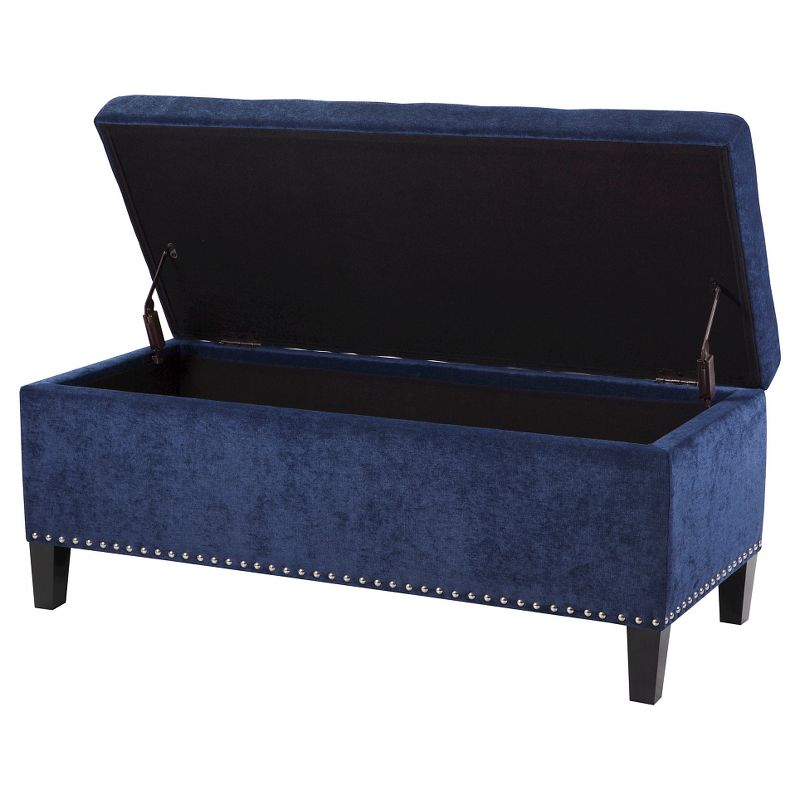18" Shandra Bench Storage Ottoman with Tufted Top Blue - Home: Faux Leather, Rectangular, Wood Legs, Polyester Upholstered