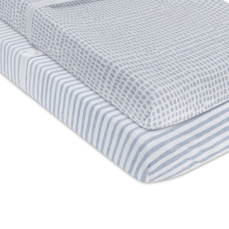 Ely's & Co. Baby Waterproof Changing Pad Cover - Cradle Sheet  100% Combed Jersey Cotton Misty Blue Splash & Stripes 2 Pack