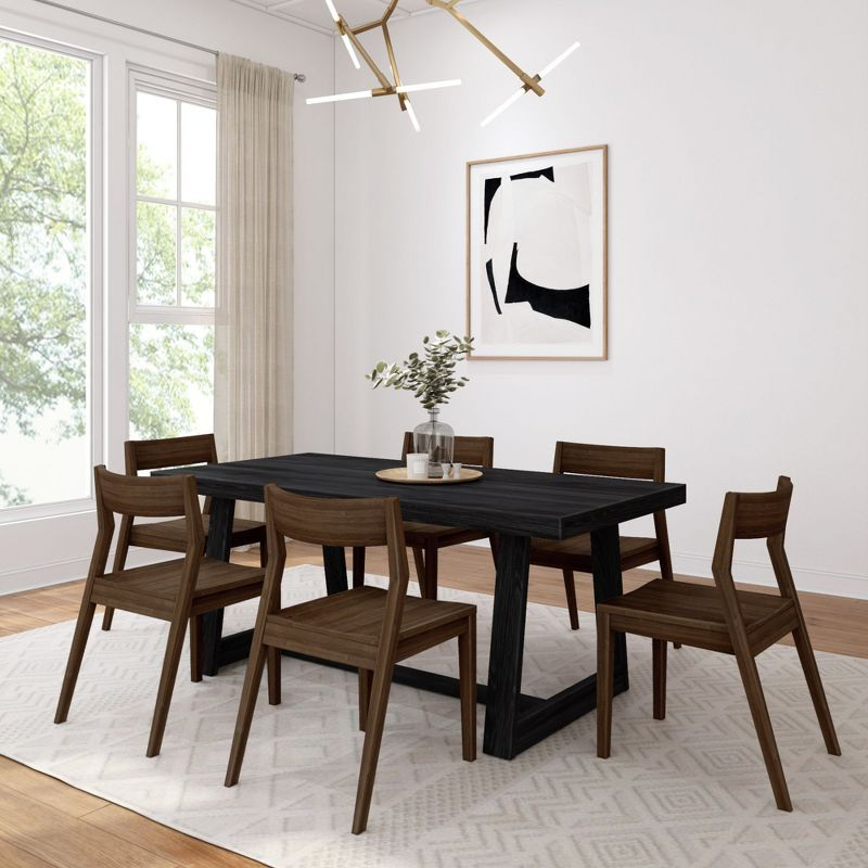 Plank+Beam 72" Classic Solid Wood Dining Table Set, Black Wirebrush, + 6 Chairs Black
