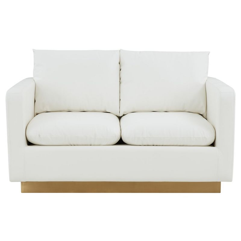 LeisureMod Nervo Mid-Century Modern Upholstered Faux Leather Loveseat with Gold Frame in White
