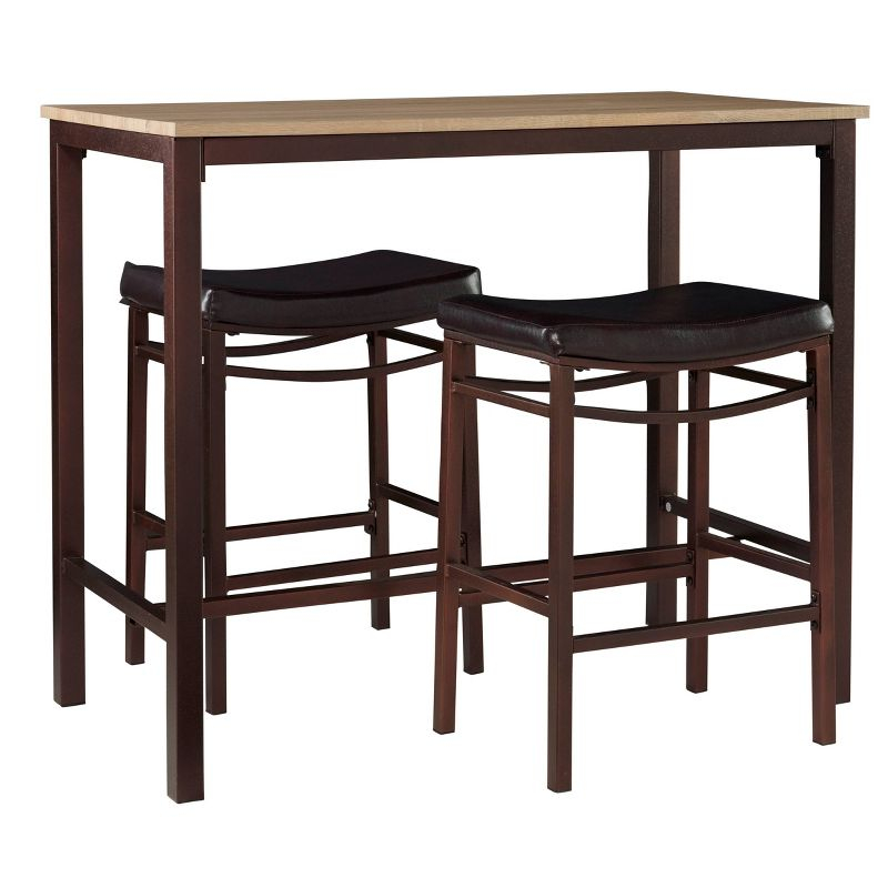 Linon 3pc Betty Faux Leather Stools Wood Pub Dining Set Wood/Brown: Counter Height, Padded Seat