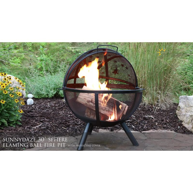 Sunnydaze Outdoor Portable Camping or Backyard Flaming Sphere Ball Fire Pit with Built-In Spark Screen - 30" - Black