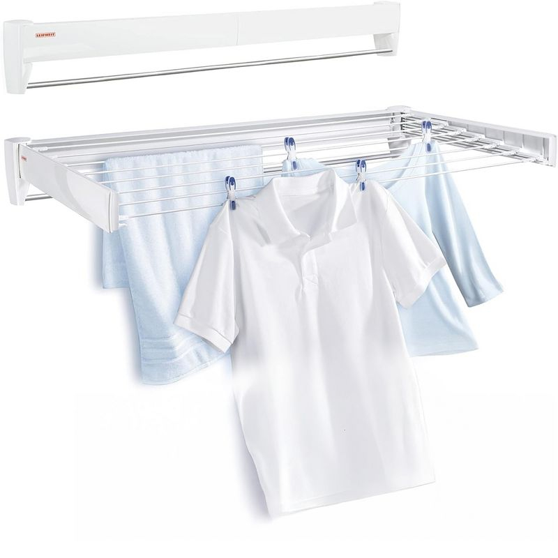 Leifheit Telefix 100 Wall-Mounted Retractable Clothes Drying Rack with 8 Rods, 26 ft. of Drying Space & Sleek Design for Laundry or Dorm Rooms, White