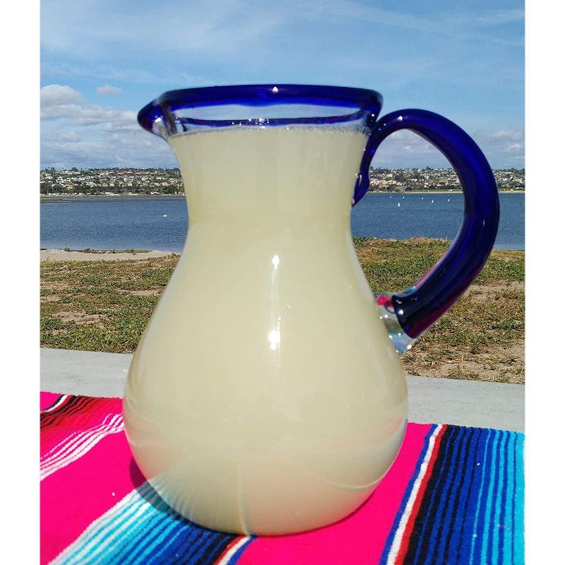 Dos Sueños Mexican Hand Blown  Pitcher - Blue Rim - 84oz -