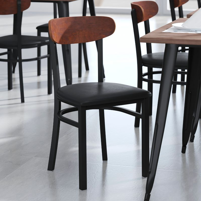 Flash Furniture Wright Commercial Dining Chair with 500 LB. Capacity Black Steel Frame, Walnut Finish Wooden Boomerang Back, and Black Vinyl Seat