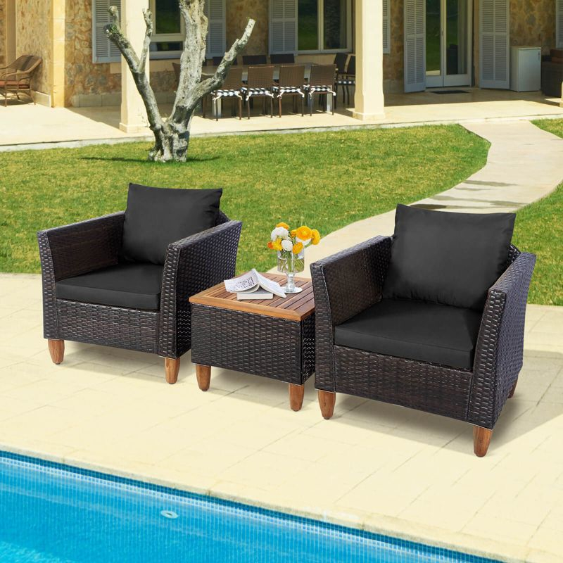 Costway 3PCS Outdoor Patio Rattan Furniture Set Wooden Table Top Cushioned Sofa Black