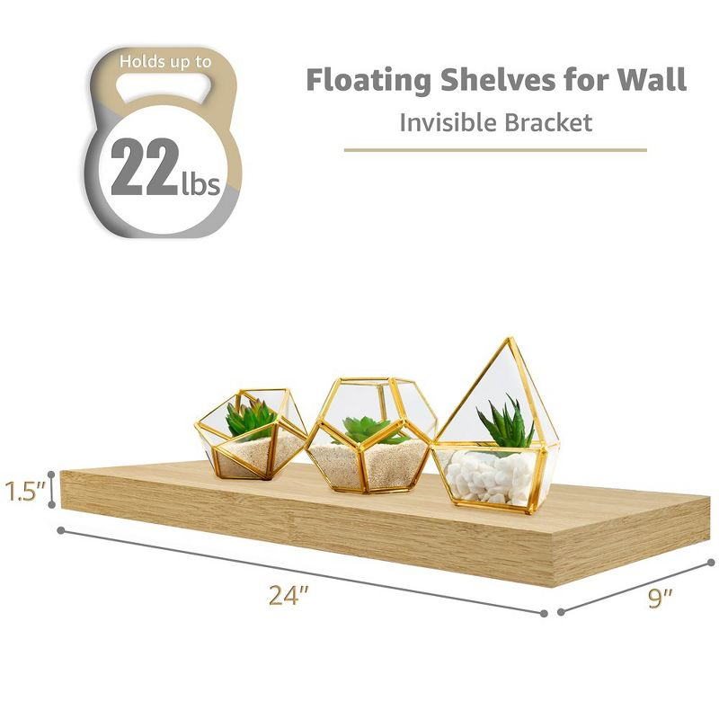 Set of 3 (24"x9") Sorbus Rectangle Floating Shelves with Invisible Brackets - for Bedroom, Kitchen Decor, Bathroom Shelves (Maple)