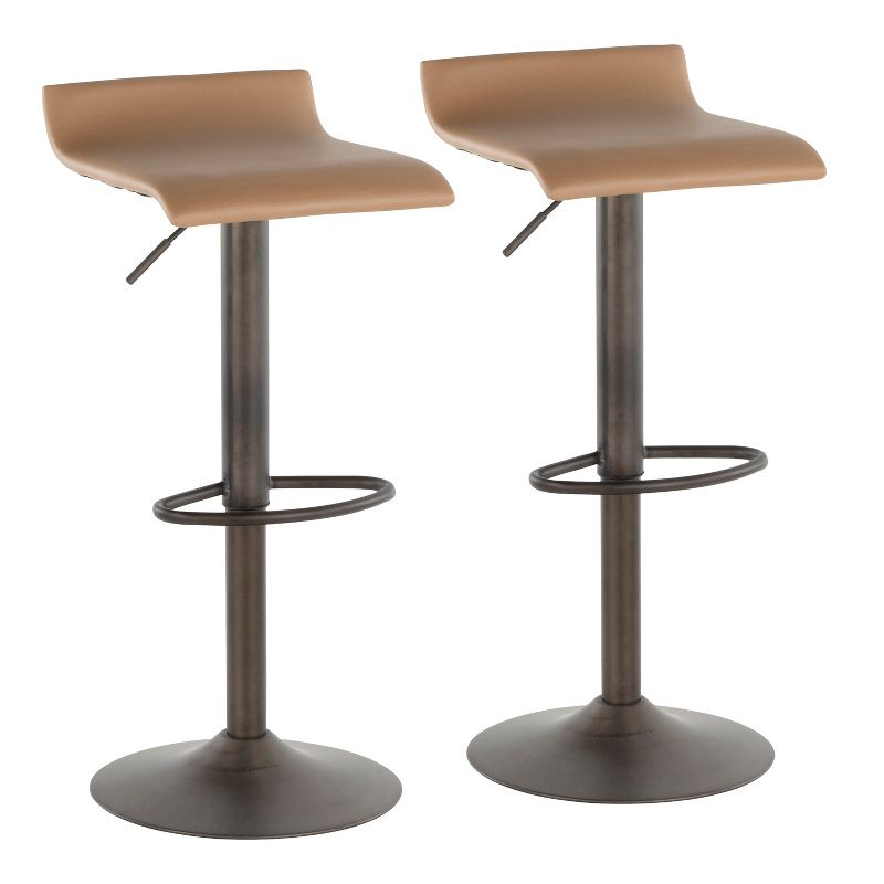 LumiSource Set of 2 Ale Industrial Adjustable Barstools Antique/Camel:: Swivel Seat, Metal Base, Faux Leather Upholstery