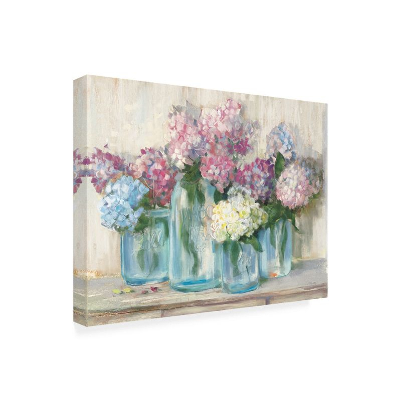 Trademark Fine Art -Carol Rowan 'Hydrangeas in Glass Jar Pastel Crop' Canvas Art - 18''x24''