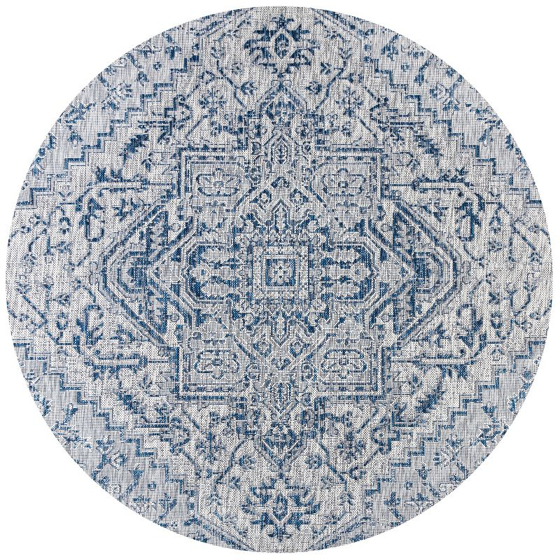 JONATHAN Y Estrella Bohemian Medallion Textured Weave Navy/Gray 9' Round Indoor/Outdoor Area Rug