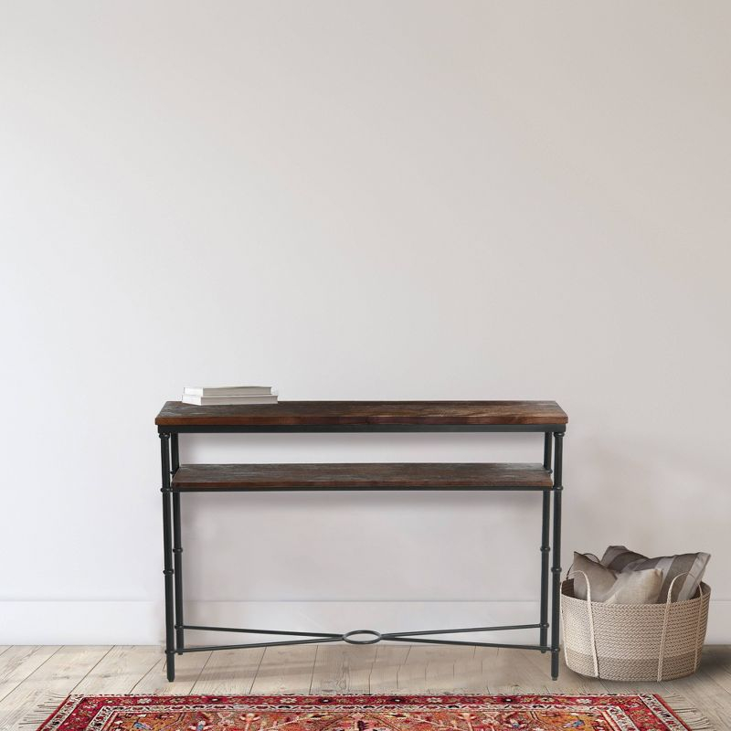 Storied Home Saratoga Console Table Gray: Industrial Iron Legs, Solid Acacia, Space-Saving Design