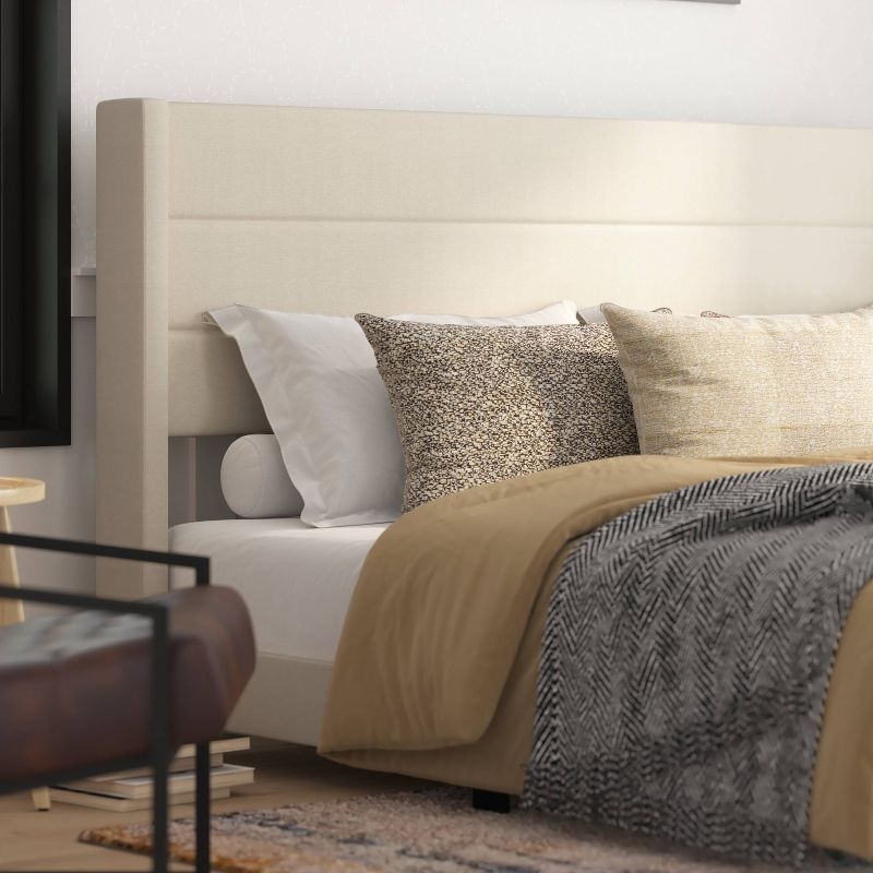 Taylor & Logan King 47" High Hilton Platform Bed Beige: Wingback Headboard, Faux Linen, Foam Padding, Wooden Slat Support