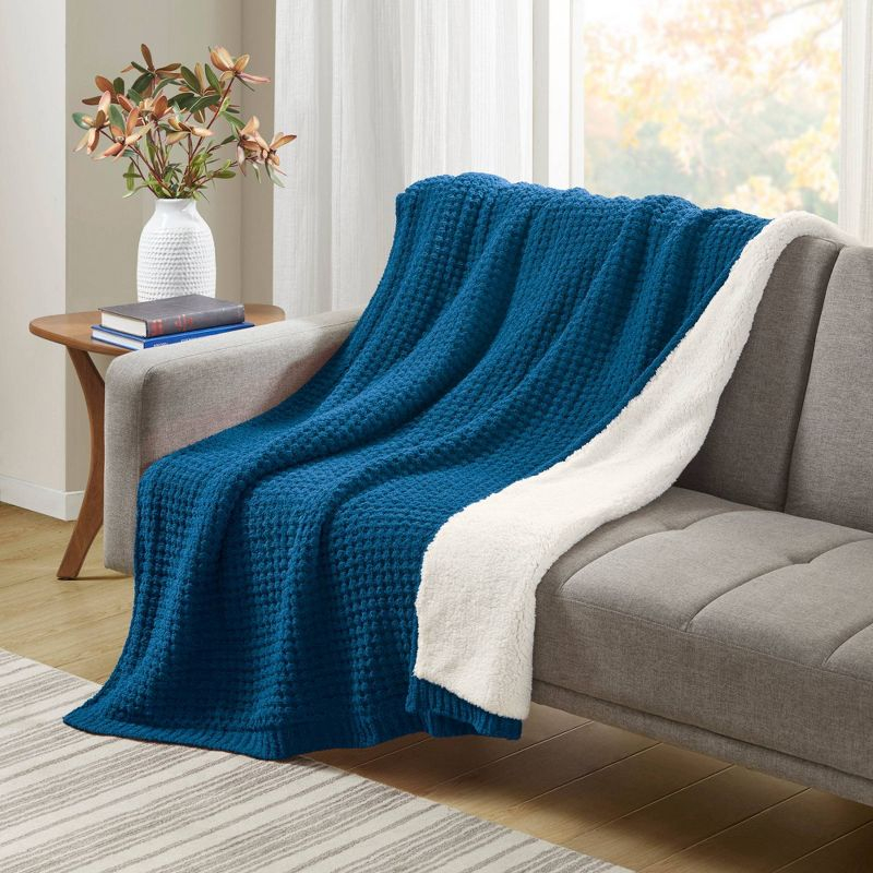 50"x60" Eden Waffle Knit Chenille Throw Blanket Navy Blue - Madison Park
