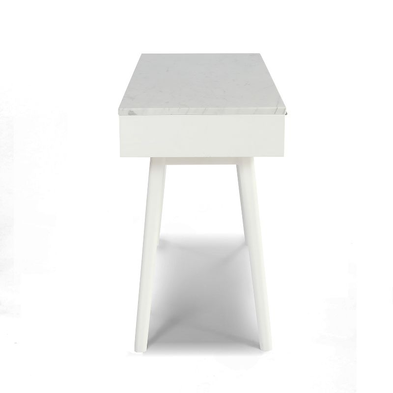 The Bianco Collection Viola 44" Rectangular Italian Carrara White Marble Writing Desk with White Legs