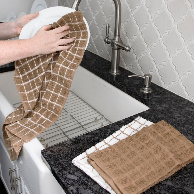John Ritzenthaler Co. Ritz 3-Pack Terry Check Kitchen Towel Set and 6-Pack Terry Check Dish Cloth Set, Mocha