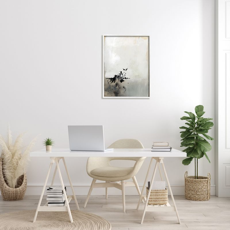 Stupell Industries Minimal Neutral Abstract Painting Black Splatter White Framed Giclee, 24 x 30