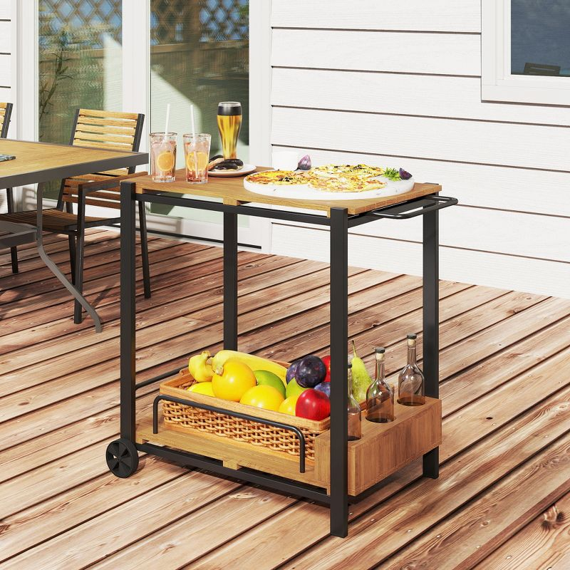 Outsunny Acacia Wood Outdoor Bar Cart with Wheels, Rolling 2-Tier Coffee & Drink Cart with 3 Bottle Holders, Outdoor Serving Cart for Patio, Teak