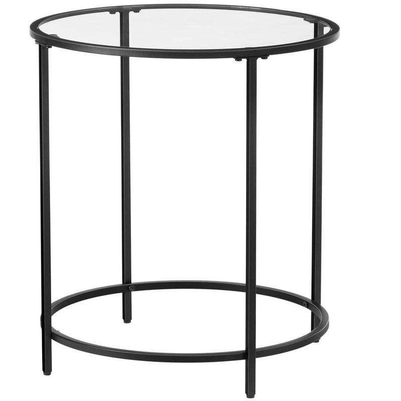 VASAGLE Round Side Table, Glass End Table with Metal Frame, Black Coffee Table with Modern Style Black
