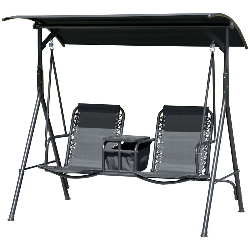 Outsunny 2 Person Porch Swing with Canopy, Covered Patio Swing with Pivot Storage Table, Cup Holder, & Adjustable Overhead Canopy, Black